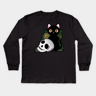 Skull and Black Cat Kids Long Sleeve T-Shirt